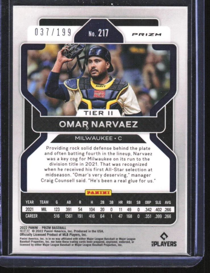 2022 Panini Prizm Blue Mojo Omar Narvaez 037/199 Milwaukee Brewers #217 - Image 2 of 2