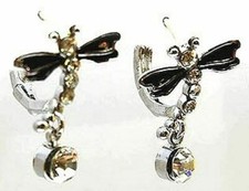 Dragonfly Hoop Earrings Silver Tone with Clear Crystal and Black Enamel