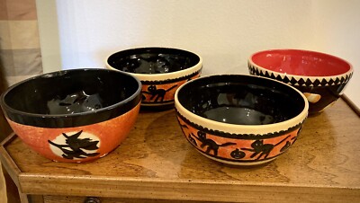 Set of 4 Halloween Bowls by INT? w/ Witches, Blk Cats, Pumpkins & Candy Corn 6 