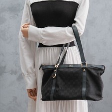 Gucci Abbey Tote Hand Shoulder Bag Purse GG Canvas Leather Black Authentic