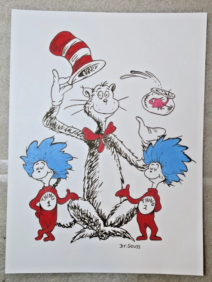 Dr. Seuss Dibujo CATO EN EL SOMBRERO ~ Cosa 1 y Cosa 2 ~ Arte Original Firmado 🏅 Foto 2 de 4
