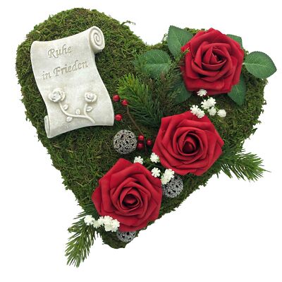 Grabgesteck Grabschmuck Moosherz Grabherz Trauerherz  Gesteck - Ruhe in Frieden 