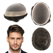 Mens Toupee Fine Mono Hair Replacement System Poly Skin Black Hair Pieces DRM