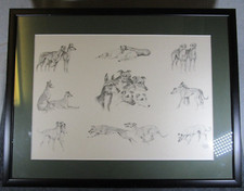 Lovely Large Vintage Framed EL Wood Print Study Of Whippet / Greyhound Dogs