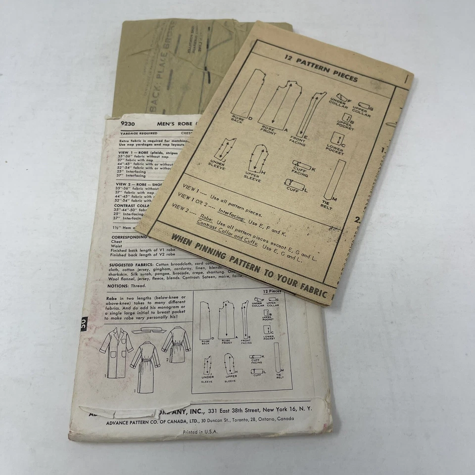 Advance Pattern Men's Robe 9230 1950s Uncut Chest 40 - Image 4 of 4