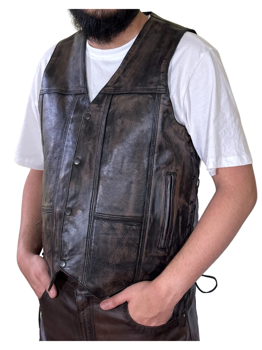 Men s Distressed Brown Genuine Leather 10 pockets Motorcycle Biker