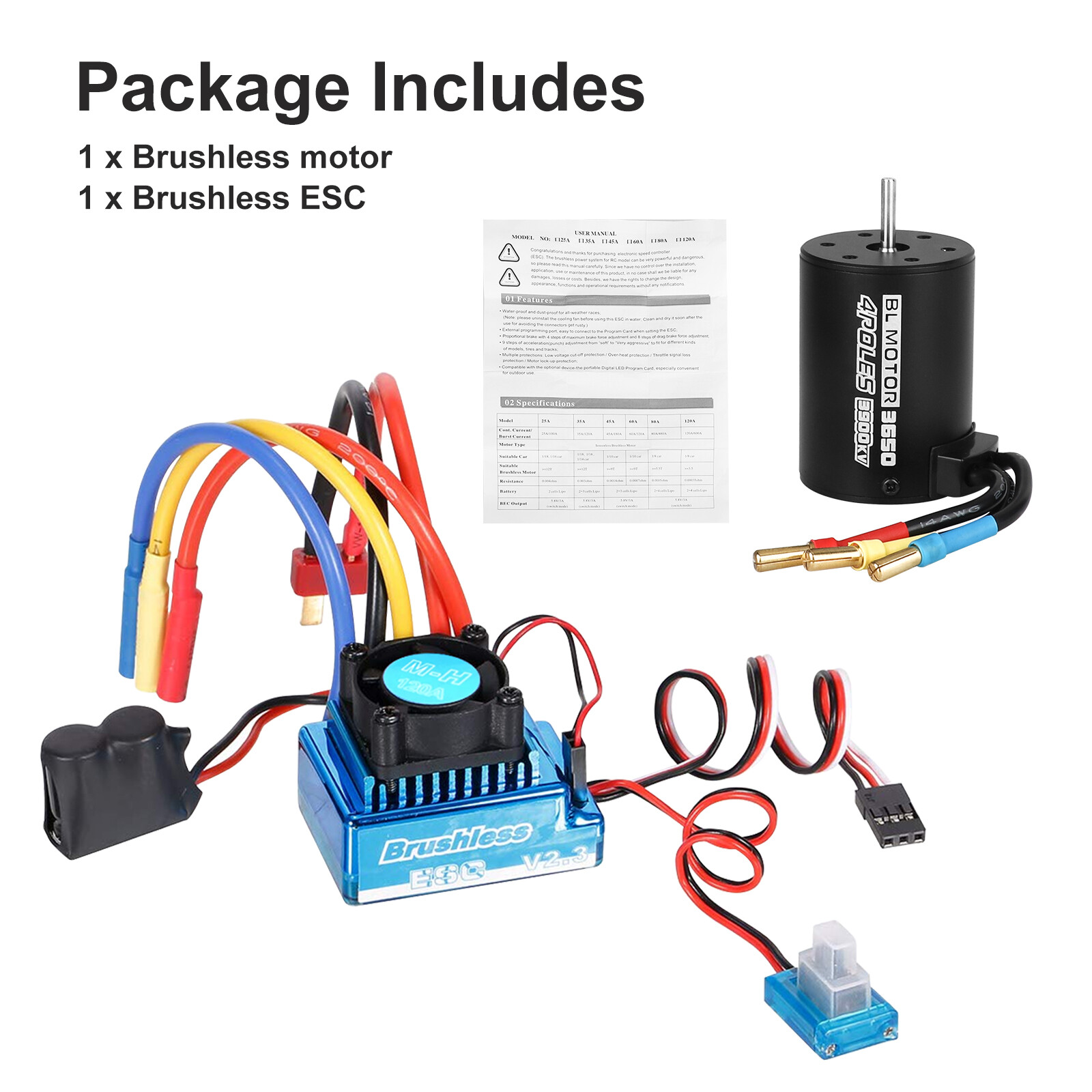 3650 3900KV Brushless Motor + 120A ESC Combo Set for 1/10 1/8 1/12 RC Car Truck