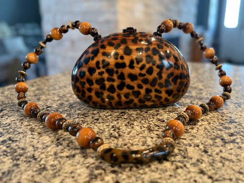 Rare New w/o Tags Timmy Woods Althea Leopard Handbag Acacia Wood Purse Clutch