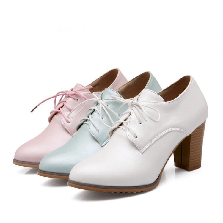 Women's Fashion Block Heel Oxfords Lace-Up Brogue Pumps Casual Shoes