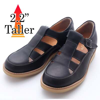Men's Elevator Shoes Height Increasing 2.2'' Taller Genuine Leather Sandals Black