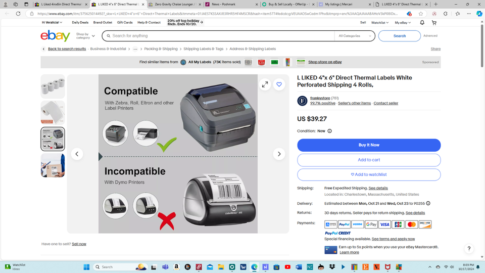 4x6 Direct Thermal Shipping Address Printing Labels 500/Roll Zebra