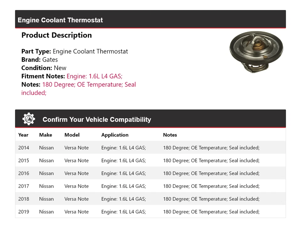 Para Nissan Versa Note 2014-2019 1,6 L L4 motor gas refrigerante termostato puertas 2015 Foto 2 de 4