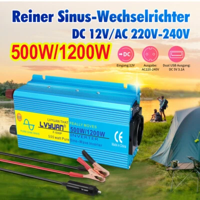 LVYUAN 500W 1200W 12V zu 230V Reiner Sinus Spannungswandler 2USB Wechselrichter Reisen