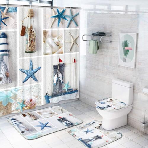 4 Pcs Nautical Beach Shower Curtain Sets with Non-Slip Rugs, Toilet Lid Cover...