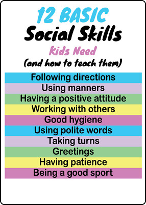 12 BASIC SOCIAL SKILLS KIDS NEED HOW TEACH| Laminated Vinyl Decal Sticker Label