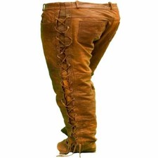 Cowboy Native American Brown Suede Leather Pant Buckskin Beaded Side Laced