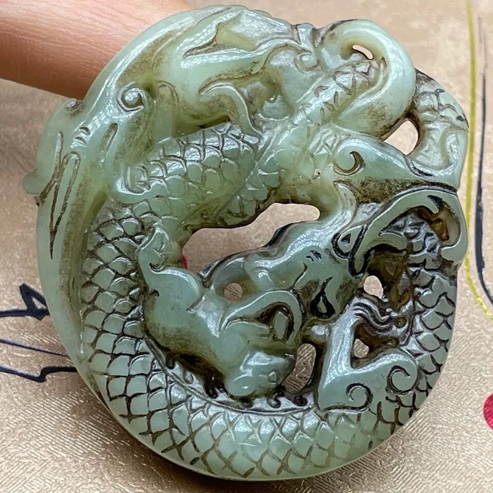 Old Chinese Ancient Antique Jade Carving Dragon Pendant Old Ornament Collection - Image 2 of 4