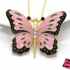 Fashion Women Pink Enamel Perfect Butterfly Crystal Pendant Sweater Necklace