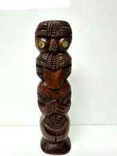 Vintage Carved Wooden Tiki Totem New Zealand Māori Paua Shell Wood Figure 9”