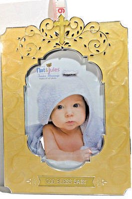 Demdaco Enamel Picture Frame Birth Baptism God Bless Baby Metal 4x6 Photo