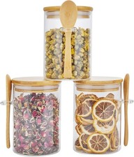 3 Pack Glass Containers Jars with Bamboo Airtight Lid and Spoon, 15Oz Glass
