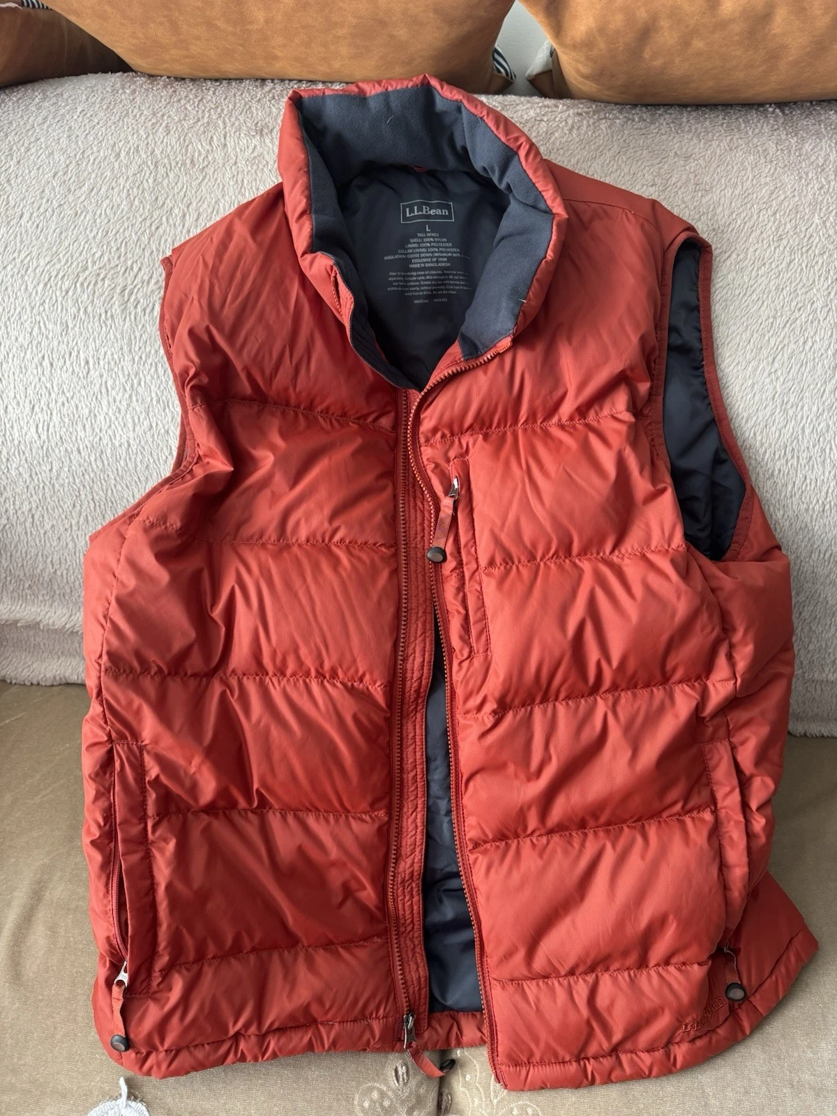 LL Bean Vest Mens Large Tall Orange Color Down Puffer Zip Light Outdoors Hiking