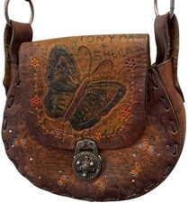 VTG Hand Tooled Purse Leather BUTTERFLY Hippie Boho HANDBAG CROSSBODY See