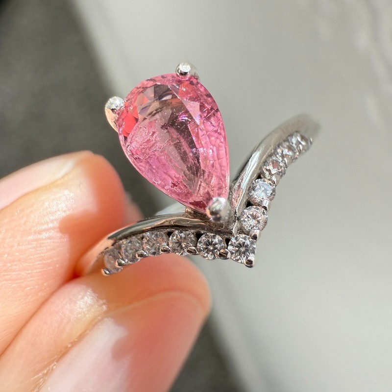 925 Sterling Silver Ring 7x5mm Pink Natural Tourmaline Gemstone Zircon Teardrop