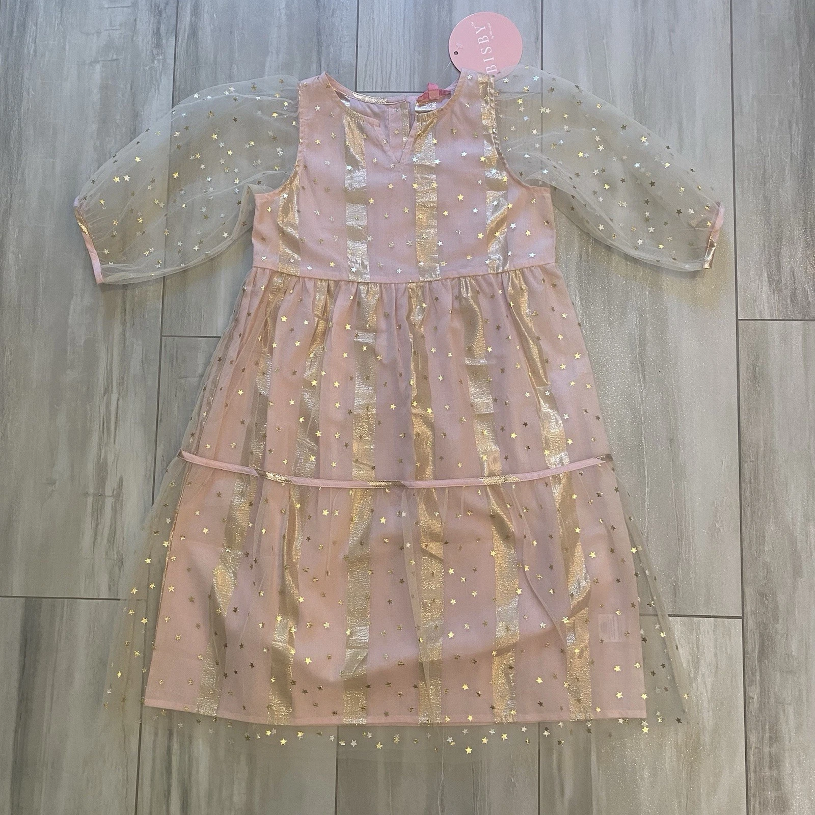 Bisby Madaket Light Pink And Gold Metallic Stripe And Stars Dress, Girls 12