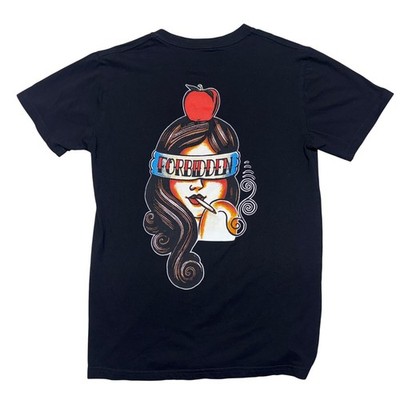Vintage Forbidden T-Shirt Small Black Short Sleeve Tattoo Art Style Blindfolded