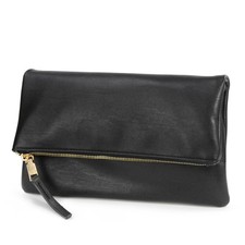 Vegan Leather Women's Foldover Clutch Bag - Zipper Crossbody with Chain Strap