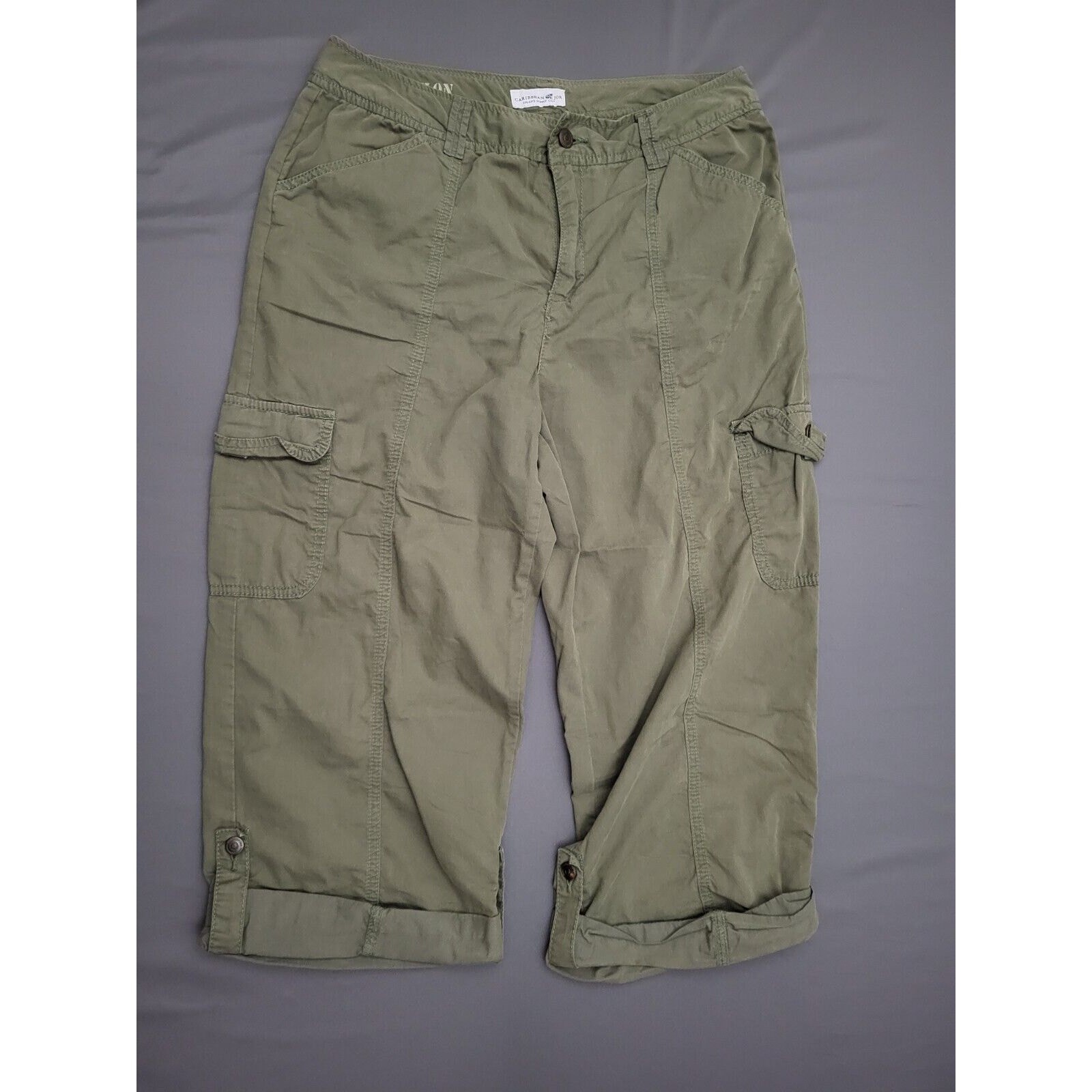 Caribbean Joe Womens Size 12 High Rise Cargo Pants Tapered Cuff Zip Green