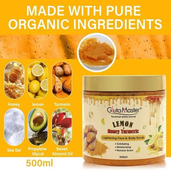 Brightening Turmeric Lemon Honey Face & Body Scrub. Dark Spots Corrector. 500ml.