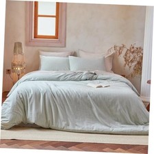 Striped 100 Washed Cotton Duvet Cover Set Size 3Pcs 1 Queen Green-white