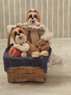 Adorable Cecile Baird Hand Made Shih Tzus in a Basket Music Box 