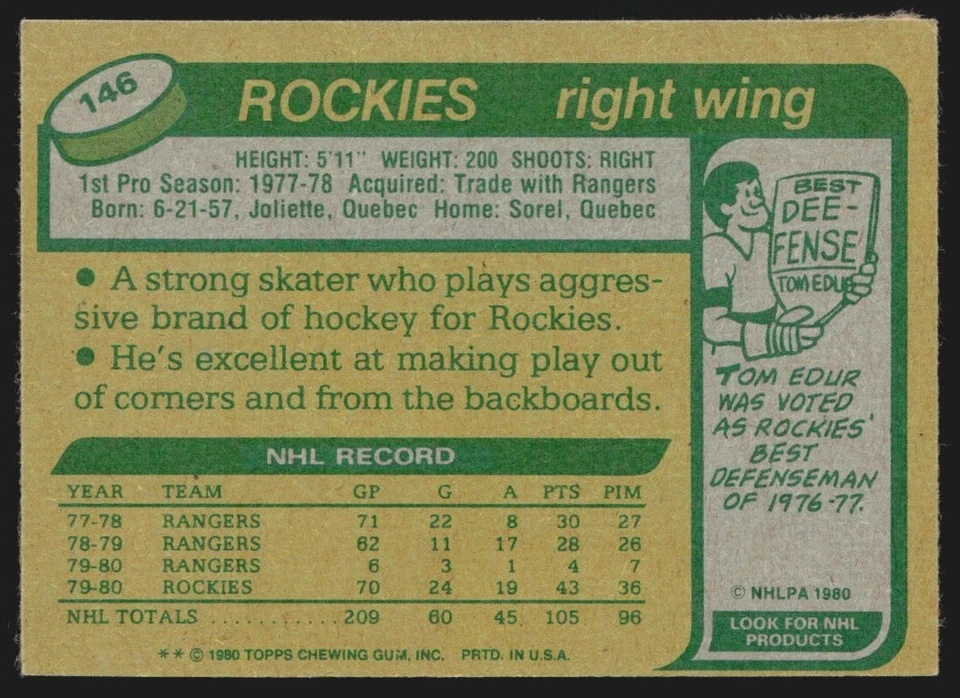 1980-81 Topps Lucien DeBlois #146 VS9-2 - Image 2 of 2