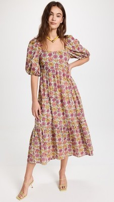 MINKPINK Yasamin  SMALL Tiered Midi Dress in Pink Yellow Floral  - Boho prairie