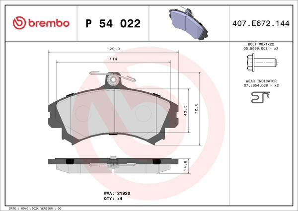 P 54 022 Brembo Bremsbelagsatz, Scheibenbremse FüR Mitsubishi,Proton,Volvo-image