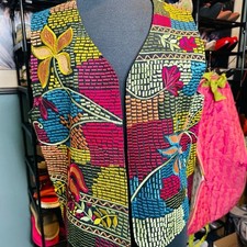 CHICO'S Embroidered Flower Multi Color Vibrant Open Front Vest Size 2/Large