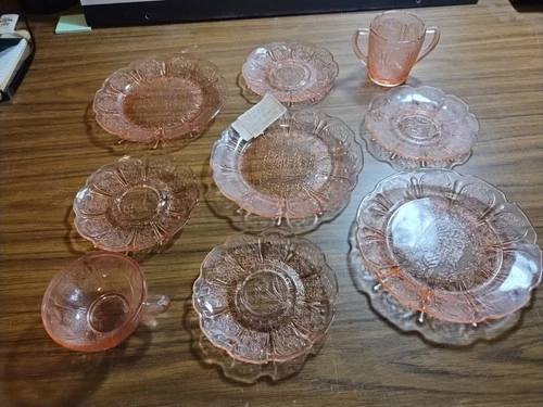 LOT OF 9 PINK DEPRESSION GLASS JEANNETTE GLASS CHERRY BLOSSOM
