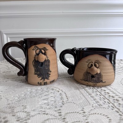 2 vintage PETER PETRIE funny ugly face bearded 3D mug cup pottery 1970s