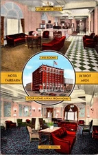 Hotel Fairbairn Detroit Michigan Postcard Kropp Linen Lobby Lounge Exterior