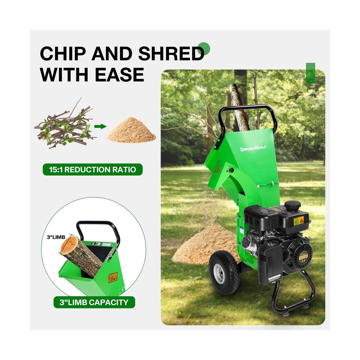 S3 Wood Chipper Shredder, 7HP 212cc Gas Powered Heavy Duty, 3