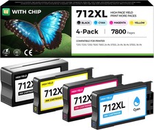 712XL Ink Cartridges 4-Pack w/ Chip for HP De...