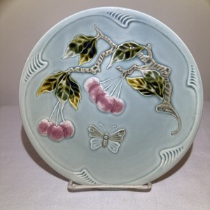 Antique Georg Schmider Zell German Majolica Plate Cherries and Butterfly