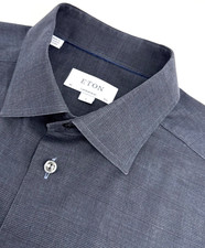 Eton Men  s 42 L 16.5 Contemporary Fit Dress Shirt Navy Blue Check 100 Cotton