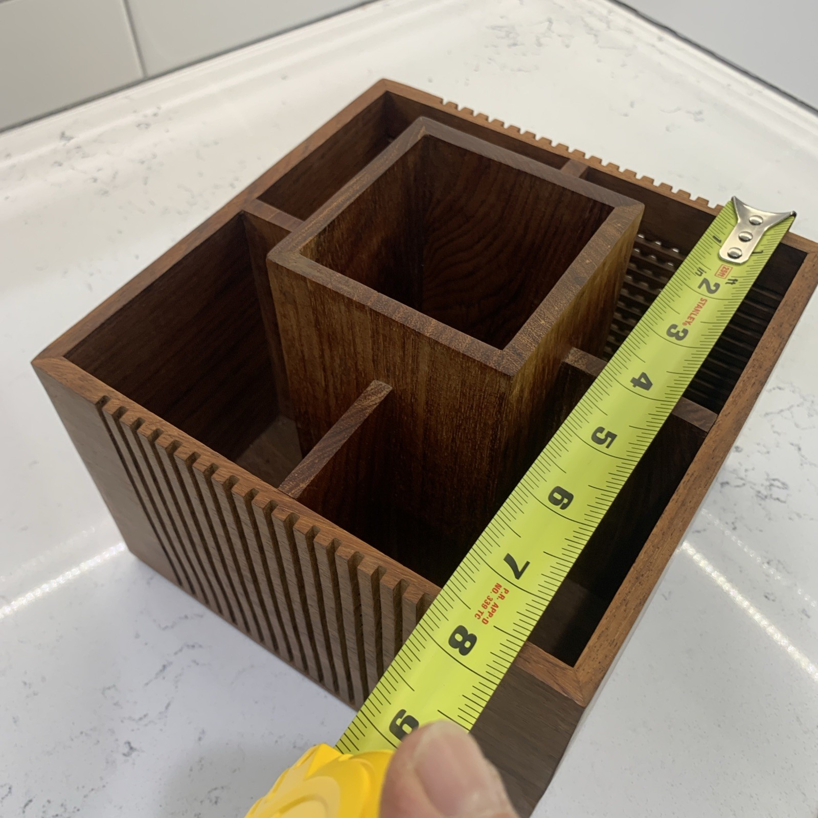 Elegant Wooden Utensil Holder /Caddy.  Slatted Wooden Design With 5 Compartments