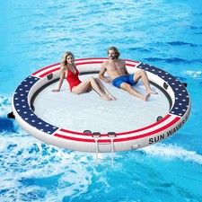 12FT Round Inflatable Water Hammock 6 Cup Holders with Ladder Float Ring Island