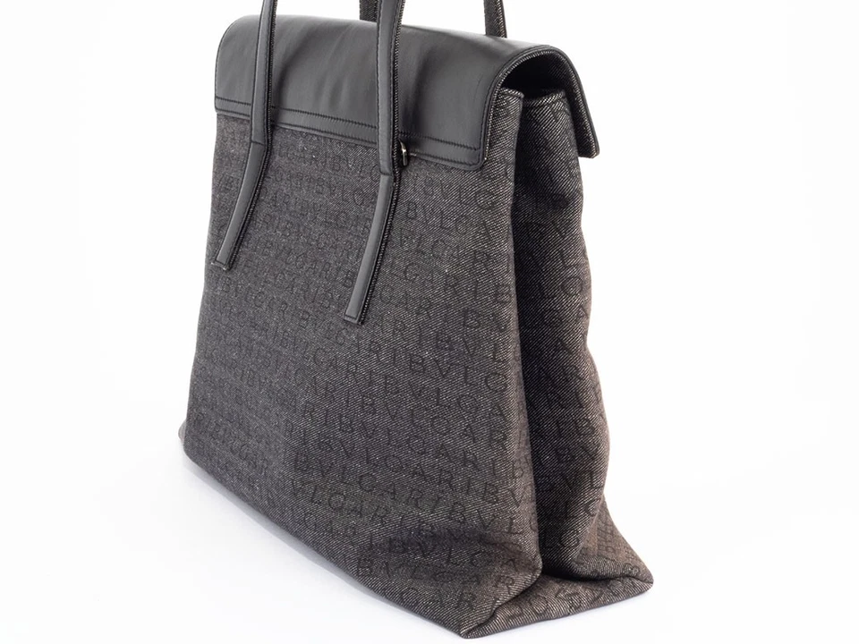 Bolso de Mano BULGARI Logomania Lona Cuero Gris Negro Foto 2 de 4