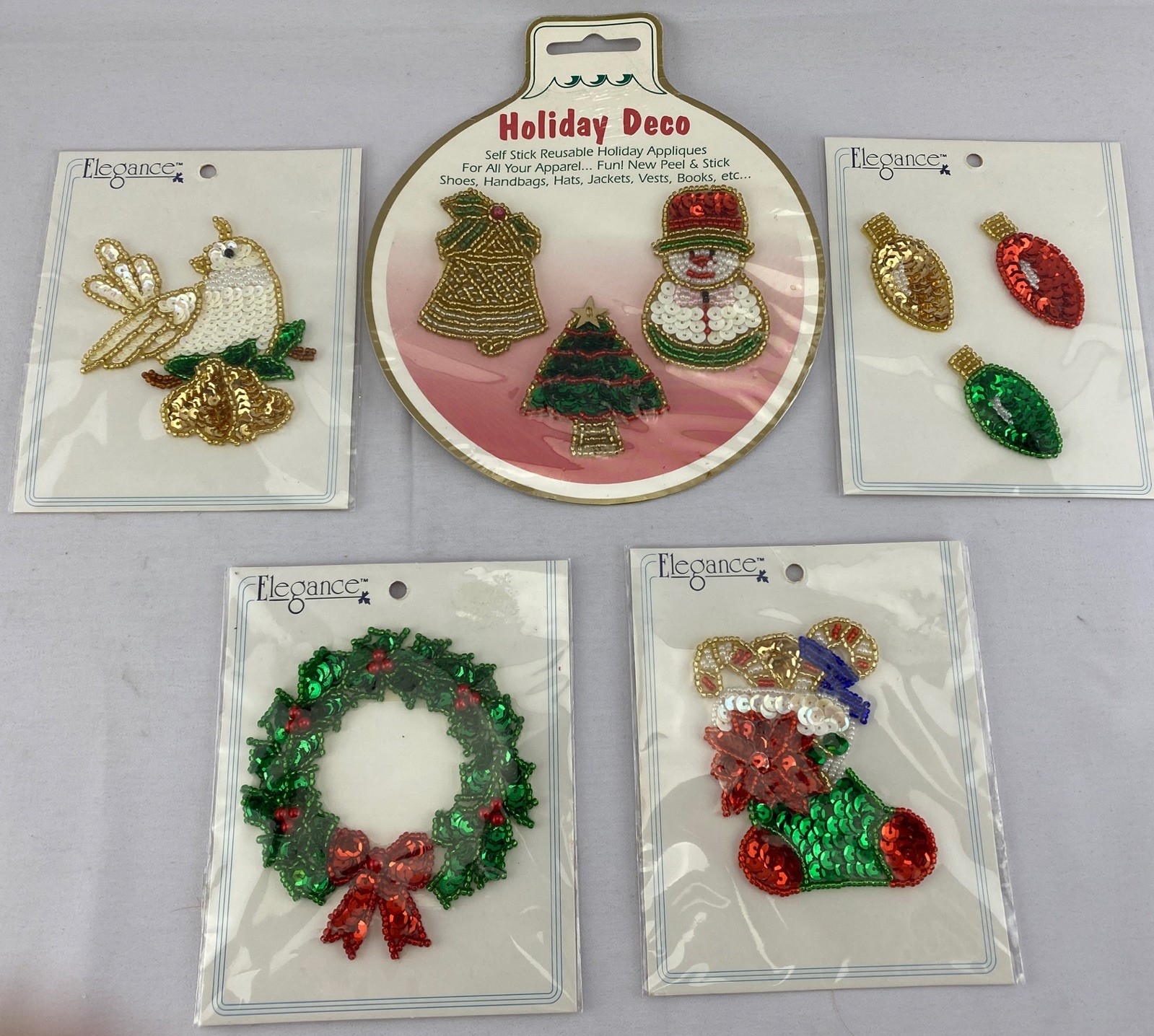 5 Vintage Sequin Beaded Appliques Christmas Poinsettia Stocking Bells Bows NOS